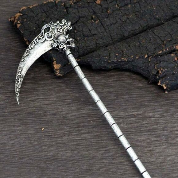 Goth Hair Pin, Vintage Inspired Scythe Silver Tone, Engraved Details & S… - Picture 1 of 2